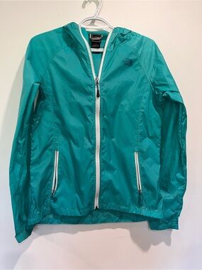 The North Face Teal Hooded Windbreaker Jacket Rain Coat Packable Camping A7ZE